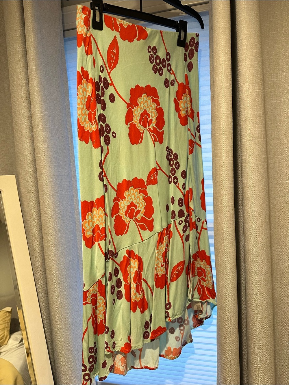 Anthropologie Mint High-Low skirt with Bright Red Floral Print